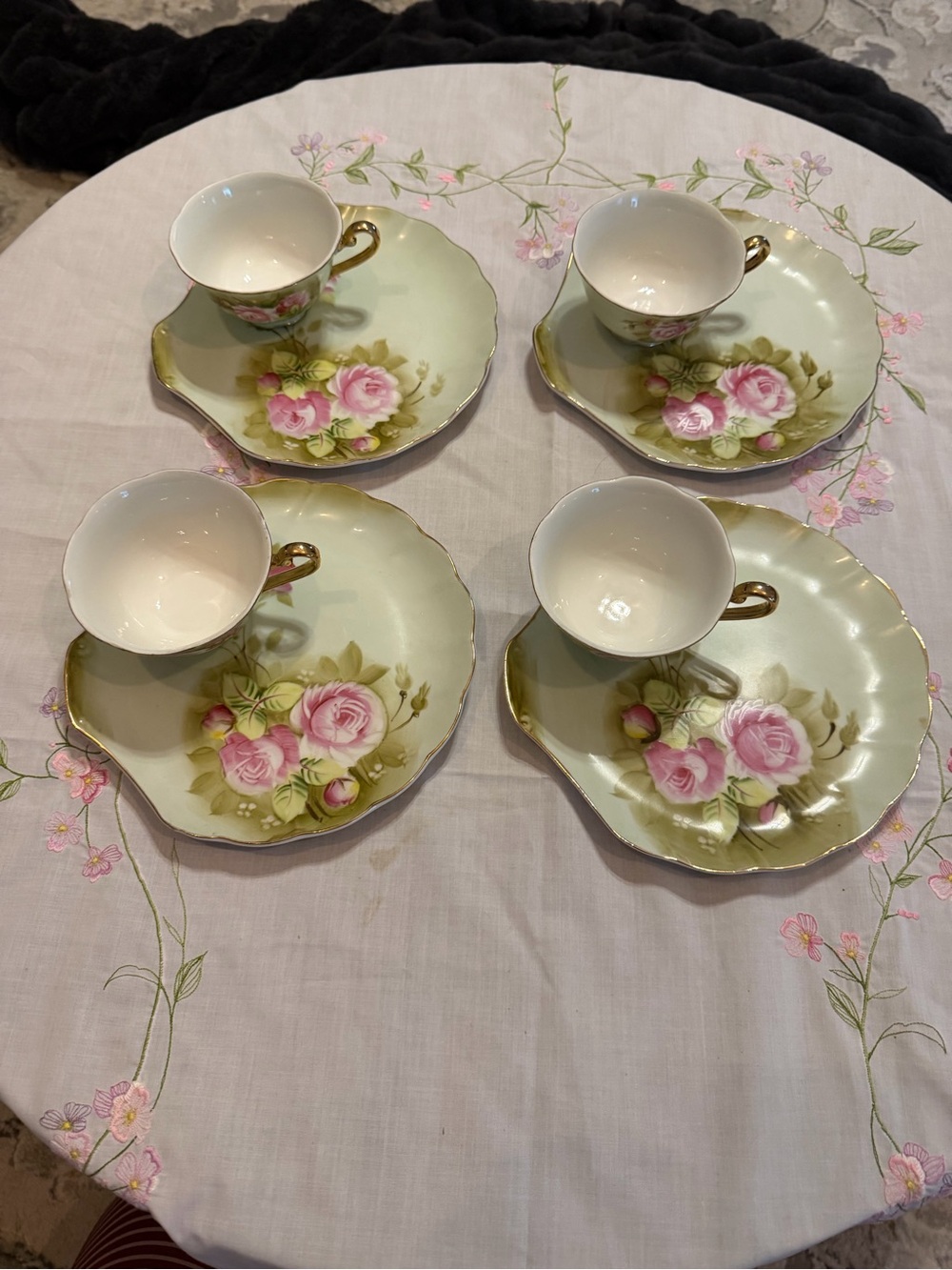 Vintage Lefton China 3071 Hand Painted Pink Rose Snack Plates Cups Set 8 Pc